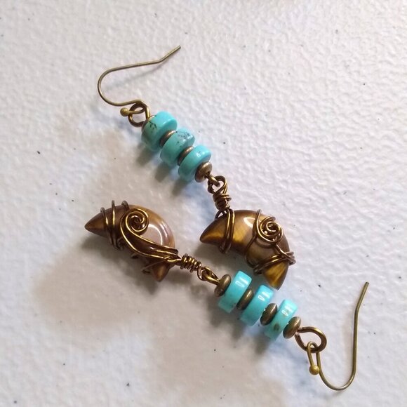Wire Wrapped Tigereye Moon + Turquoise Howlite ~ One-of-a-kind Dangle Earrings - Picture 2 of 13